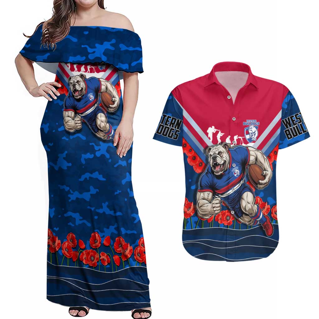 Personalised Western Bulldogs ANZAC Couples Matching Off Shoulder Maxi Dress and Hawaiian Shirt Military Remembrance Australian Football Mascot Camouflage