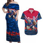 Personalised Western Bulldogs ANZAC Couples Matching Off Shoulder Maxi Dress and Hawaiian Shirt Military Remembrance Australian Football Mascot Camouflage