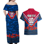 Personalised Western Bulldogs ANZAC Couples Matching Off Shoulder Maxi Dress and Hawaiian Shirt Military Remembrance Australian Football Mascot Camouflage