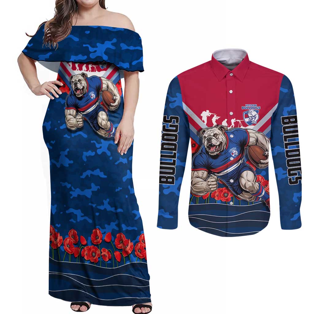 Personalised Western Bulldogs ANZAC Couples Matching Off Shoulder Maxi Dress and Long Sleeve Button Shirt Military Remembrance Australian Football Mascot Camouflage