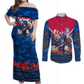 Personalised Western Bulldogs ANZAC Couples Matching Off Shoulder Maxi Dress and Long Sleeve Button Shirt Military Remembrance Australian Football Mascot Camouflage