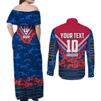 Personalised Western Bulldogs ANZAC Couples Matching Off Shoulder Maxi Dress and Long Sleeve Button Shirt Military Remembrance Australian Football Mascot Camouflage