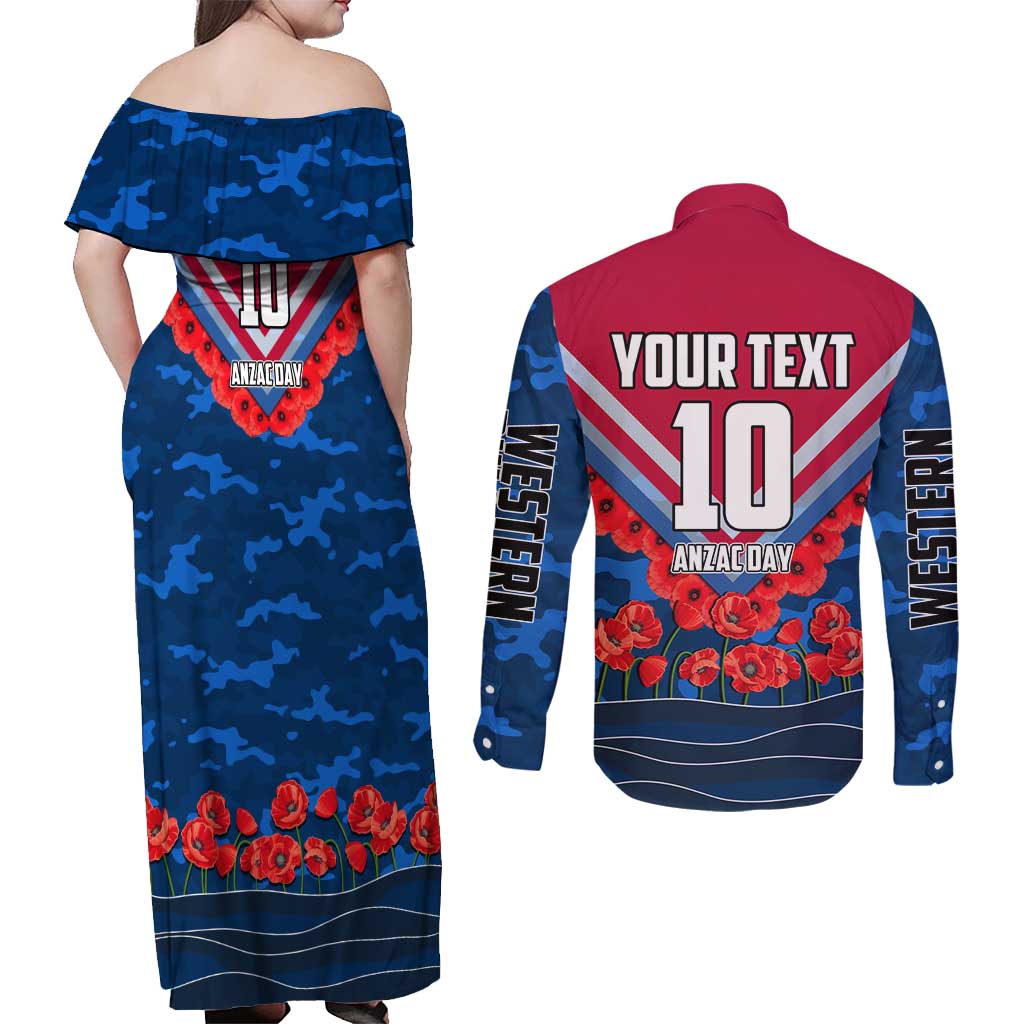 Personalised Western Bulldogs ANZAC Couples Matching Off Shoulder Maxi Dress and Long Sleeve Button Shirt Military Remembrance Australian Football Mascot Camouflage