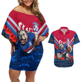 Personalised Western Bulldogs ANZAC Couples Matching Off Shoulder Short Dress and Hawaiian Shirt Military Remembrance Australian Football Mascot Camouflage