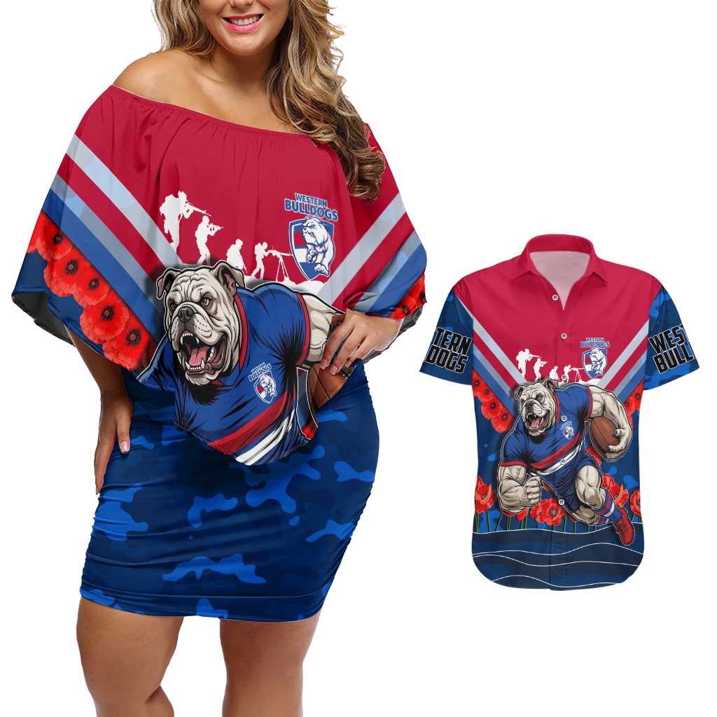 Personalised Western Bulldogs ANZAC Couples Matching Off Shoulder Short Dress and Hawaiian Shirt Military Remembrance Australian Football Mascot Camouflage