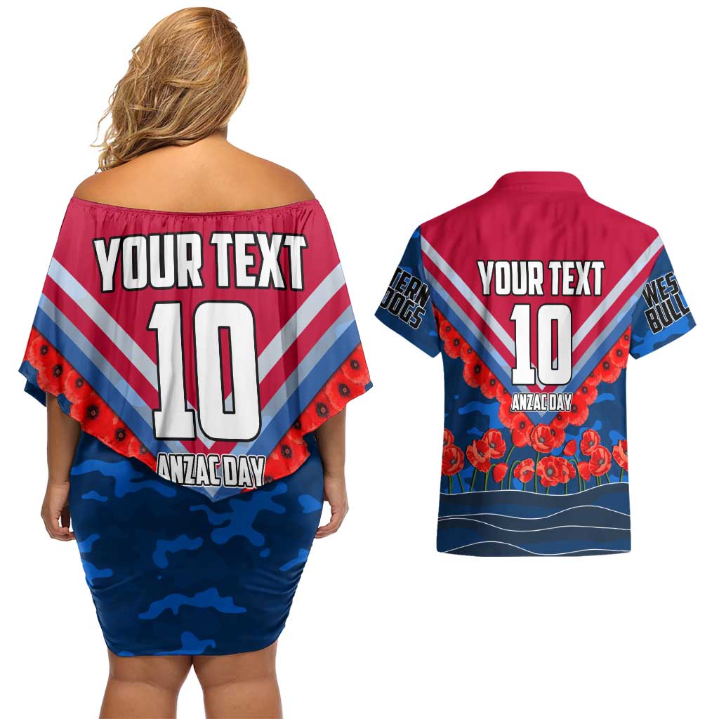 Personalised Western Bulldogs ANZAC Couples Matching Off Shoulder Short Dress and Hawaiian Shirt Military Remembrance Australian Football Mascot Camouflage