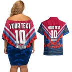 Personalised Western Bulldogs ANZAC Couples Matching Off Shoulder Short Dress and Hawaiian Shirt Military Remembrance Australian Football Mascot Camouflage