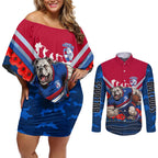 Personalised Western Bulldogs ANZAC Couples Matching Off Shoulder Short Dress and Long Sleeve Button Shirt Military Remembrance Australian Football Mascot Camouflage