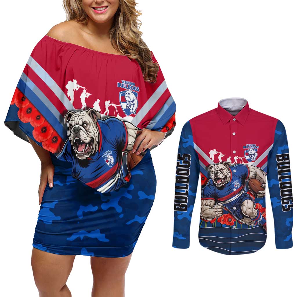 Personalised Western Bulldogs ANZAC Couples Matching Off Shoulder Short Dress and Long Sleeve Button Shirt Military Remembrance Australian Football Mascot Camouflage