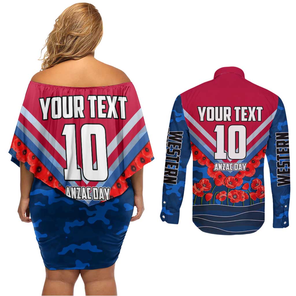 Personalised Western Bulldogs ANZAC Couples Matching Off Shoulder Short Dress and Long Sleeve Button Shirt Military Remembrance Australian Football Mascot Camouflage