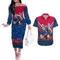 Personalised Western Bulldogs ANZAC Couples Matching Off The Shoulder Long Sleeve Dress and Hawaiian Shirt Military Remembrance Australian Football Mascot Camouflage