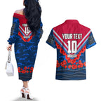 Personalised Western Bulldogs ANZAC Couples Matching Off The Shoulder Long Sleeve Dress and Hawaiian Shirt Military Remembrance Australian Football Mascot Camouflage