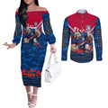 Personalised Western Bulldogs ANZAC Couples Matching Off The Shoulder Long Sleeve Dress and Long Sleeve Button Shirt Military Remembrance Australian Football Mascot Camouflage
