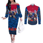 Personalised Western Bulldogs ANZAC Couples Matching Off The Shoulder Long Sleeve Dress and Long Sleeve Button Shirt Military Remembrance Australian Football Mascot Camouflage