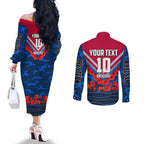 Personalised Western Bulldogs ANZAC Couples Matching Off The Shoulder Long Sleeve Dress and Long Sleeve Button Shirt Military Remembrance Australian Football Mascot Camouflage