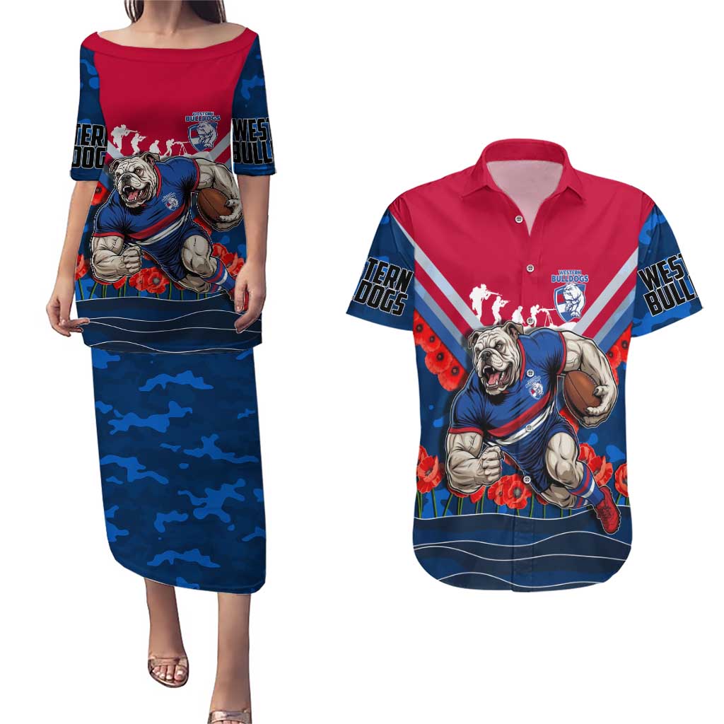 Personalised Western Bulldogs ANZAC Couples Matching Puletasi and Hawaiian Shirt Military Remembrance Australian Football Mascot Camouflage
