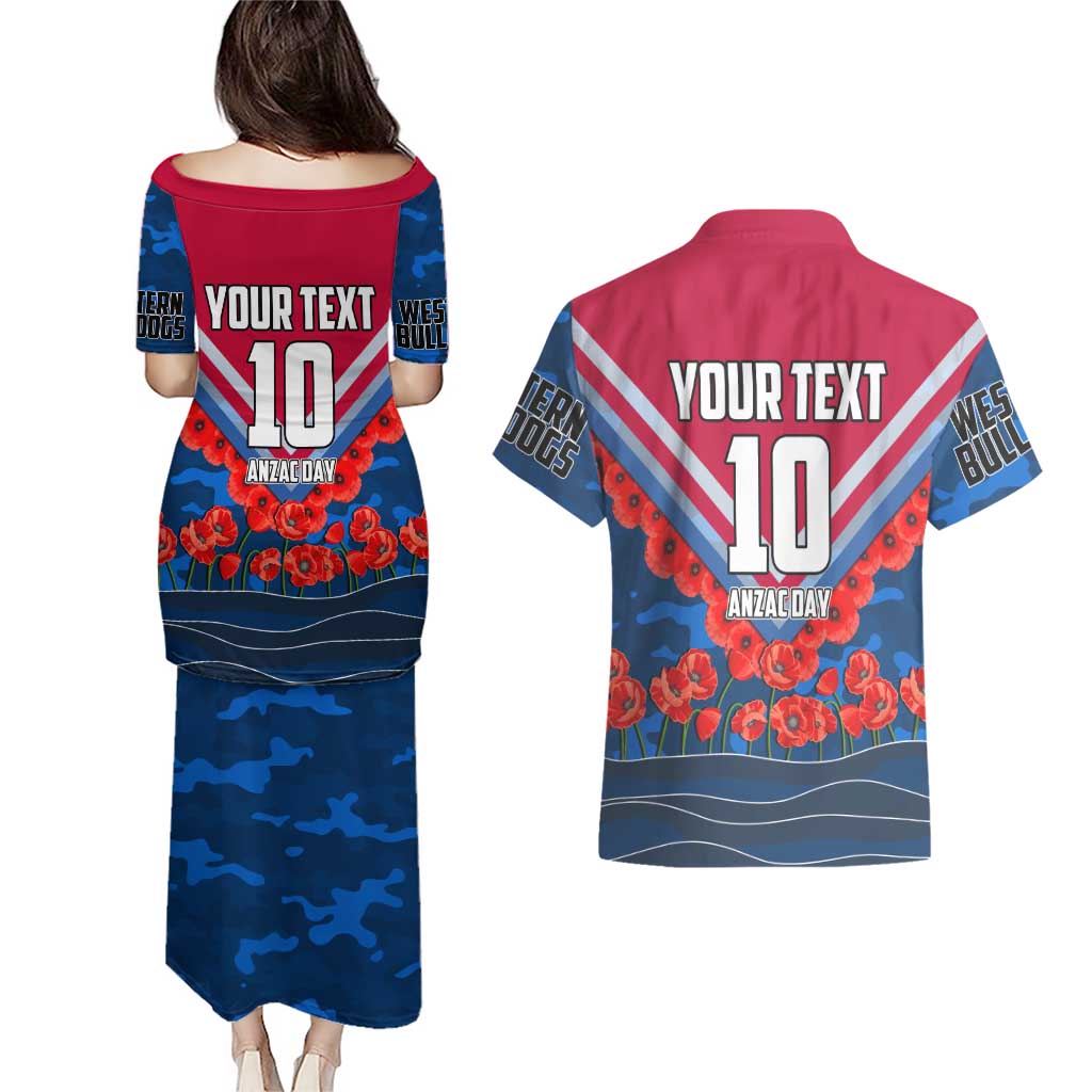 Personalised Western Bulldogs ANZAC Couples Matching Puletasi and Hawaiian Shirt Military Remembrance Australian Football Mascot Camouflage
