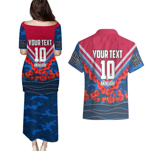 Personalised Western Bulldogs ANZAC Couples Matching Puletasi and Hawaiian Shirt Military Remembrance Australian Football Mascot Camouflage