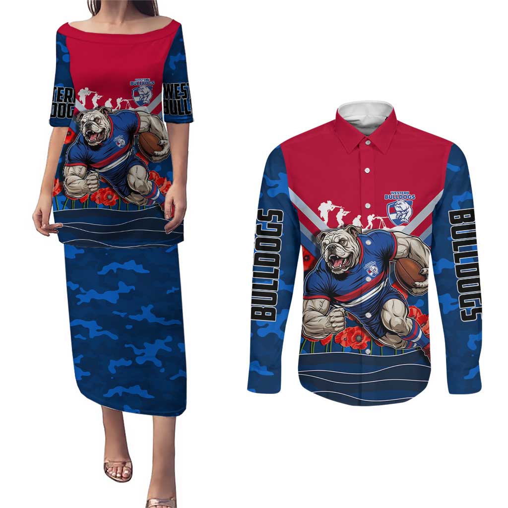 Personalised Western Bulldogs ANZAC Couples Matching Puletasi and Long Sleeve Button Shirt Military Remembrance Australian Football Mascot Camouflage
