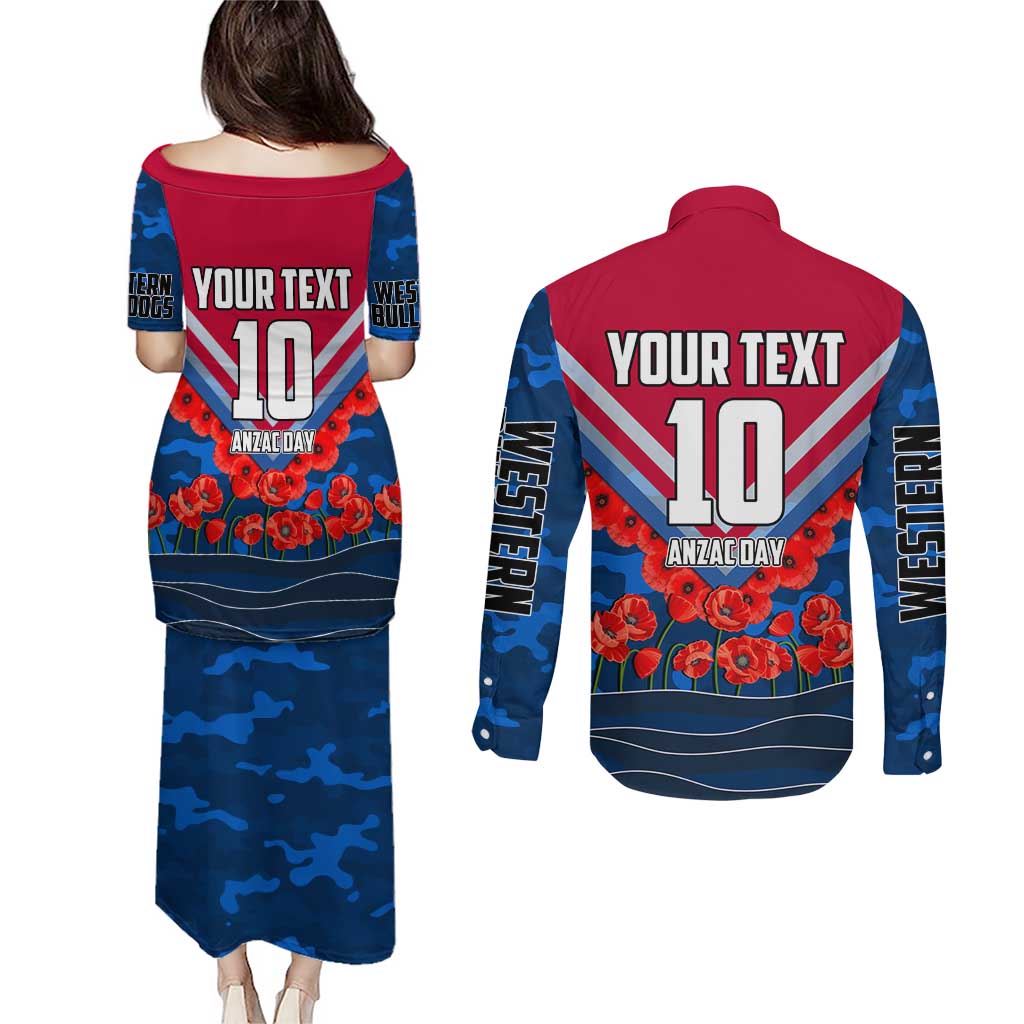 Personalised Western Bulldogs ANZAC Couples Matching Puletasi and Long Sleeve Button Shirt Military Remembrance Australian Football Mascot Camouflage
