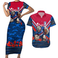 Personalised Western Bulldogs ANZAC Couples Matching Short Sleeve Bodycon Dress and Hawaiian Shirt Military Remembrance Australian Football Mascot Camouflage