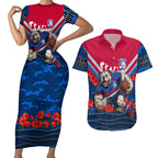 Personalised Western Bulldogs ANZAC Couples Matching Short Sleeve Bodycon Dress and Hawaiian Shirt Military Remembrance Australian Football Mascot Camouflage