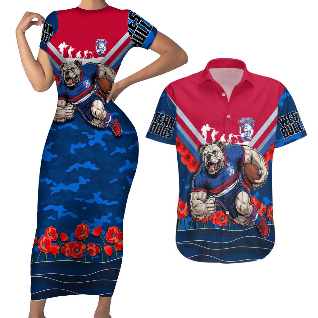 Personalised Western Bulldogs ANZAC Couples Matching Short Sleeve Bodycon Dress and Hawaiian Shirt Military Remembrance Australian Football Mascot Camouflage