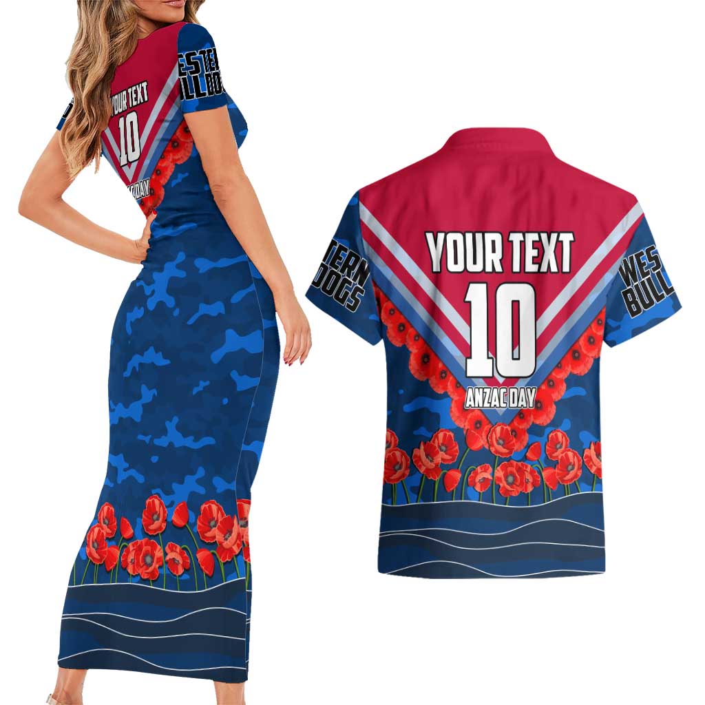 Personalised Western Bulldogs ANZAC Couples Matching Short Sleeve Bodycon Dress and Hawaiian Shirt Military Remembrance Australian Football Mascot Camouflage