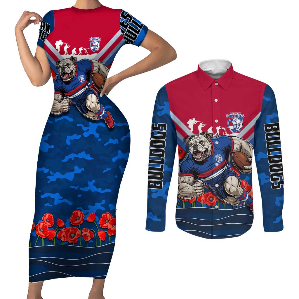 Personalised Western Bulldogs ANZAC Couples Matching Short Sleeve Bodycon Dress and Long Sleeve Button Shirt Military Remembrance Australian Football Mascot Camouflage