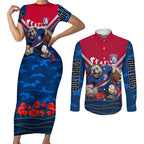 Personalised Western Bulldogs ANZAC Couples Matching Short Sleeve Bodycon Dress and Long Sleeve Button Shirt Military Remembrance Australian Football Mascot Camouflage