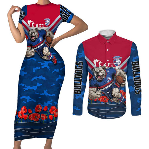 Personalised Western Bulldogs ANZAC Couples Matching Short Sleeve Bodycon Dress and Long Sleeve Button Shirt Military Remembrance Australian Football Mascot Camouflage
