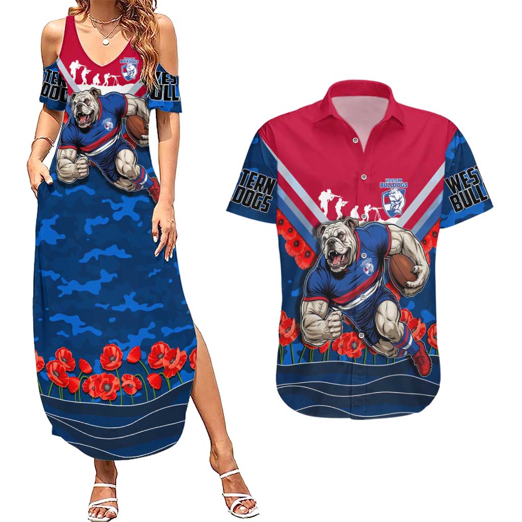 Personalised Western Bulldogs ANZAC Couples Matching Summer Maxi Dress and Hawaiian Shirt Military Remembrance Australian Football Mascot Camouflage