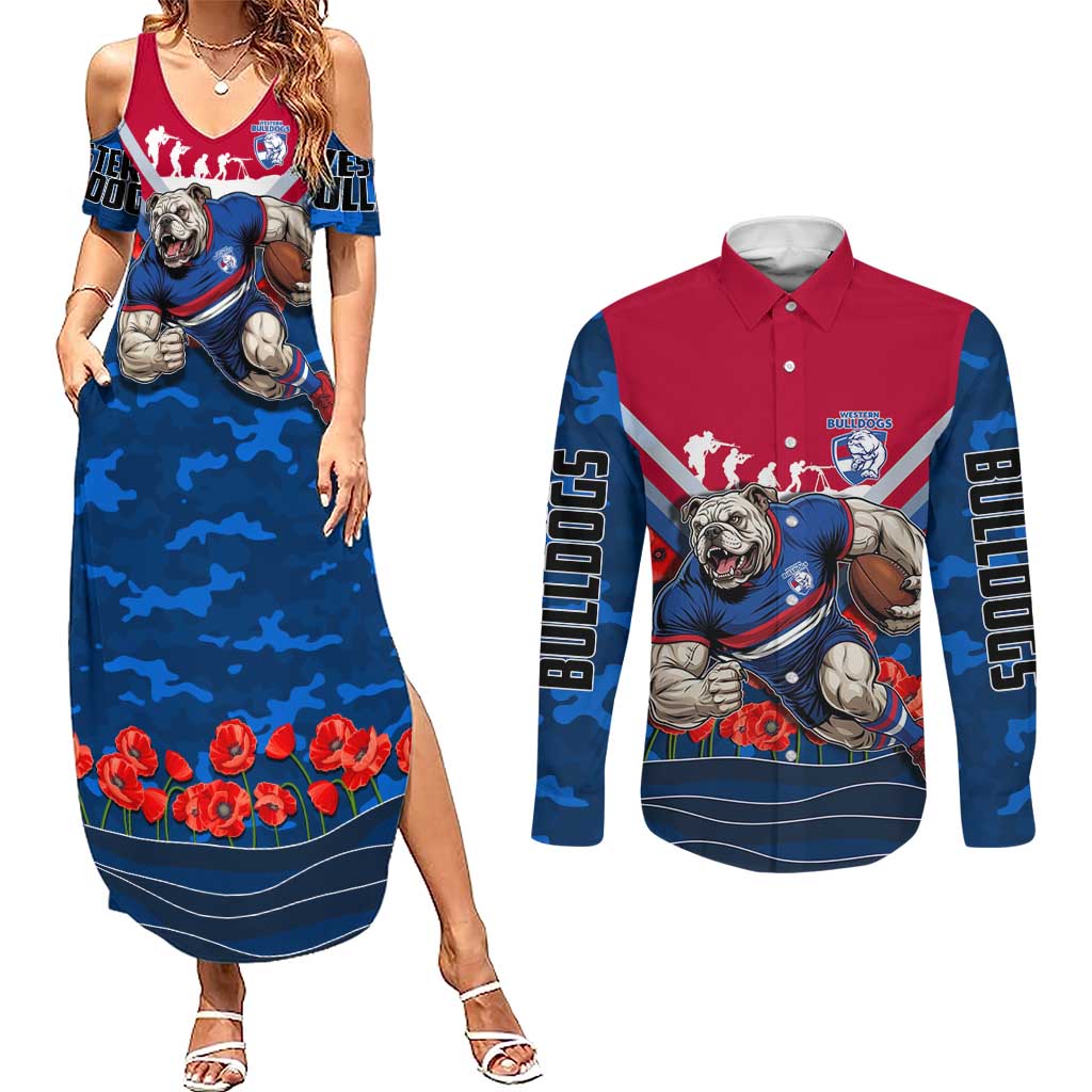 Personalised Western Bulldogs ANZAC Couples Matching Summer Maxi Dress and Long Sleeve Button Shirt Military Remembrance Australian Football Mascot Camouflage