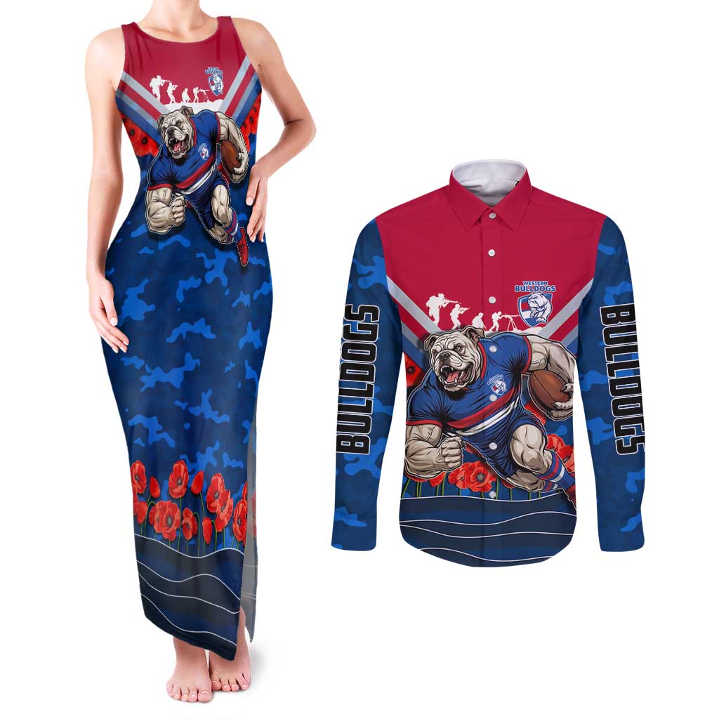 Personalised Western Bulldogs ANZAC Couples Matching Tank Maxi Dress and Long Sleeve Button Shirt Military Remembrance Australian Football Mascot Camouflage