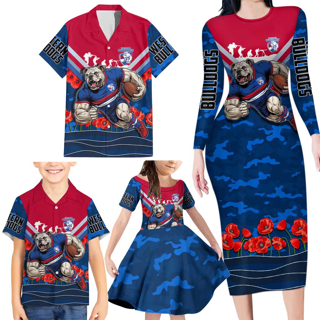 Personalised Western Bulldogs ANZAC Family Matching Long Sleeve Bodycon Dress and Hawaiian Shirt Military Remembrance Australian Football Mascot Camouflage