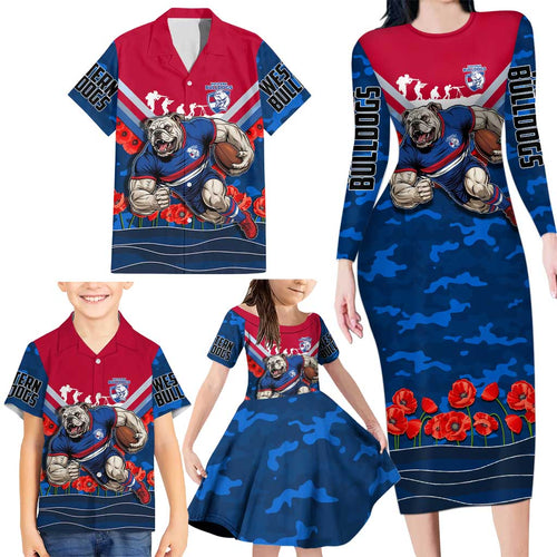 Personalised Western Bulldogs ANZAC Family Matching Long Sleeve Bodycon Dress and Hawaiian Shirt Military Remembrance Australian Football Mascot Camouflage