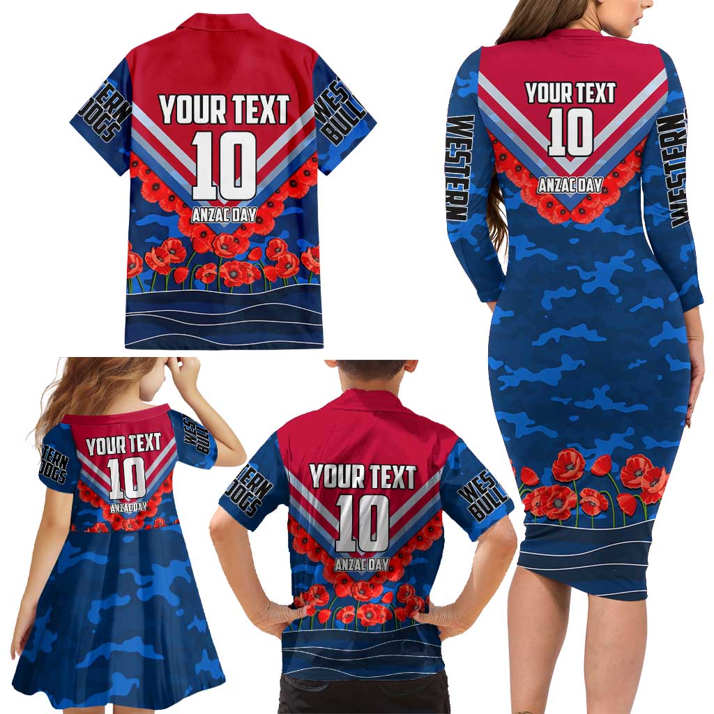 Personalised Western Bulldogs ANZAC Family Matching Long Sleeve Bodycon Dress and Hawaiian Shirt Military Remembrance Australian Football Mascot Camouflage