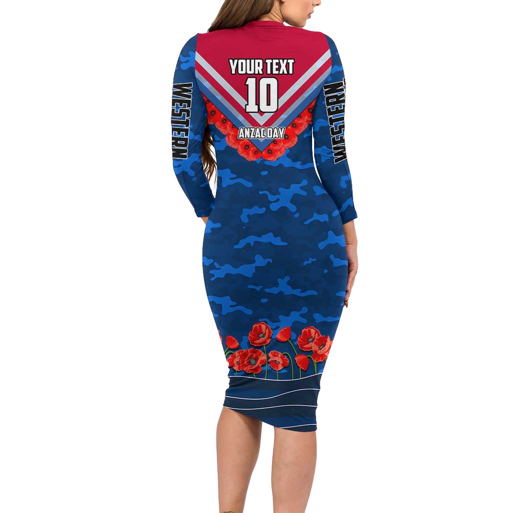 Personalised Western Bulldogs ANZAC Family Matching Long Sleeve Bodycon Dress and Hawaiian Shirt Military Remembrance Australian Football Mascot Camouflage