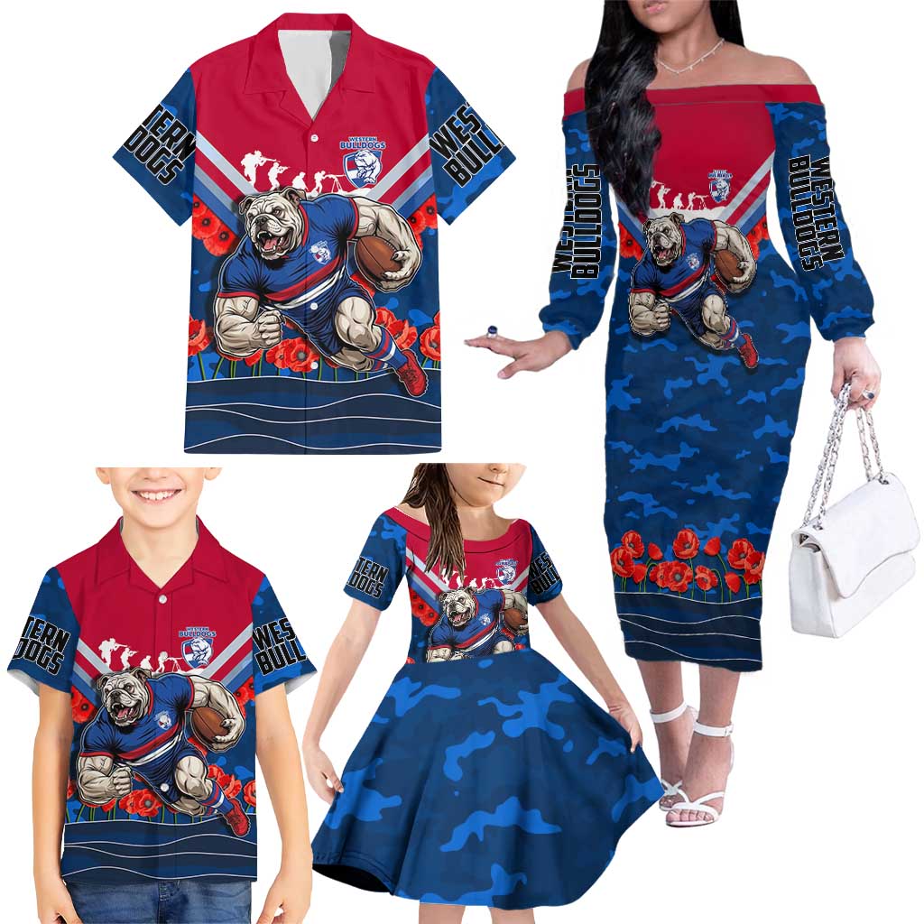 Personalised Western Bulldogs ANZAC Family Matching Off The Shoulder Long Sleeve Dress and Hawaiian Shirt Military Remembrance Australian Football Mascot Camouflage