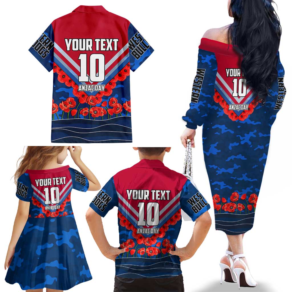 Personalised Western Bulldogs ANZAC Family Matching Off The Shoulder Long Sleeve Dress and Hawaiian Shirt Military Remembrance Australian Football Mascot Camouflage