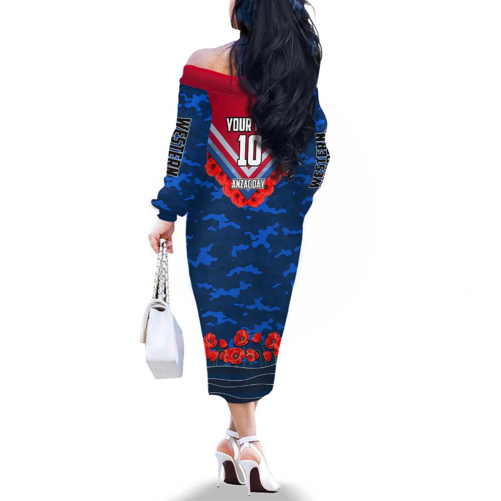 Personalised Western Bulldogs ANZAC Family Matching Off The Shoulder Long Sleeve Dress and Hawaiian Shirt Military Remembrance Australian Football Mascot Camouflage