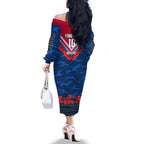 Personalised Western Bulldogs ANZAC Family Matching Off The Shoulder Long Sleeve Dress and Hawaiian Shirt Military Remembrance Australian Football Mascot Camouflage