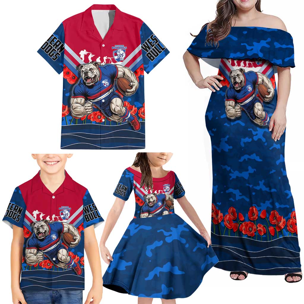 Personalised Western Bulldogs ANZAC Family Matching Off Shoulder Maxi Dress and Hawaiian Shirt Military Remembrance Australian Football Mascot Camouflage