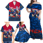 Personalised Western Bulldogs ANZAC Family Matching Off Shoulder Maxi Dress and Hawaiian Shirt Military Remembrance Australian Football Mascot Camouflage