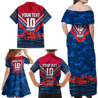Personalised Western Bulldogs ANZAC Family Matching Off Shoulder Maxi Dress and Hawaiian Shirt Military Remembrance Australian Football Mascot Camouflage