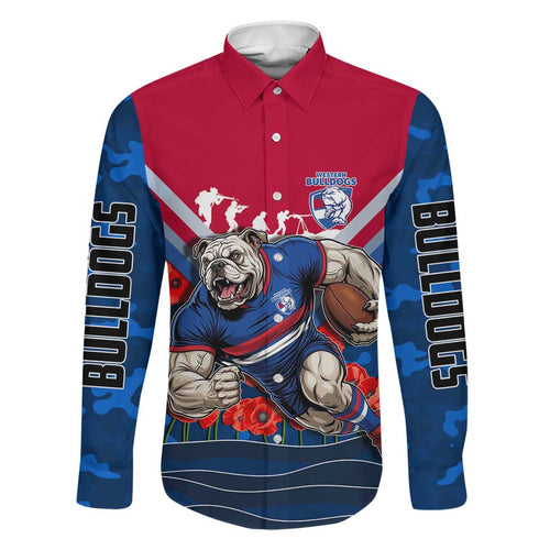 Personalised Western Bulldogs ANZAC Family Matching Off Shoulder Maxi Dress and Hawaiian Shirt Military Remembrance Australian Football Mascot Camouflage