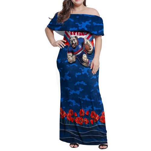 Personalised Western Bulldogs ANZAC Family Matching Off Shoulder Maxi Dress and Hawaiian Shirt Military Remembrance Australian Football Mascot Camouflage