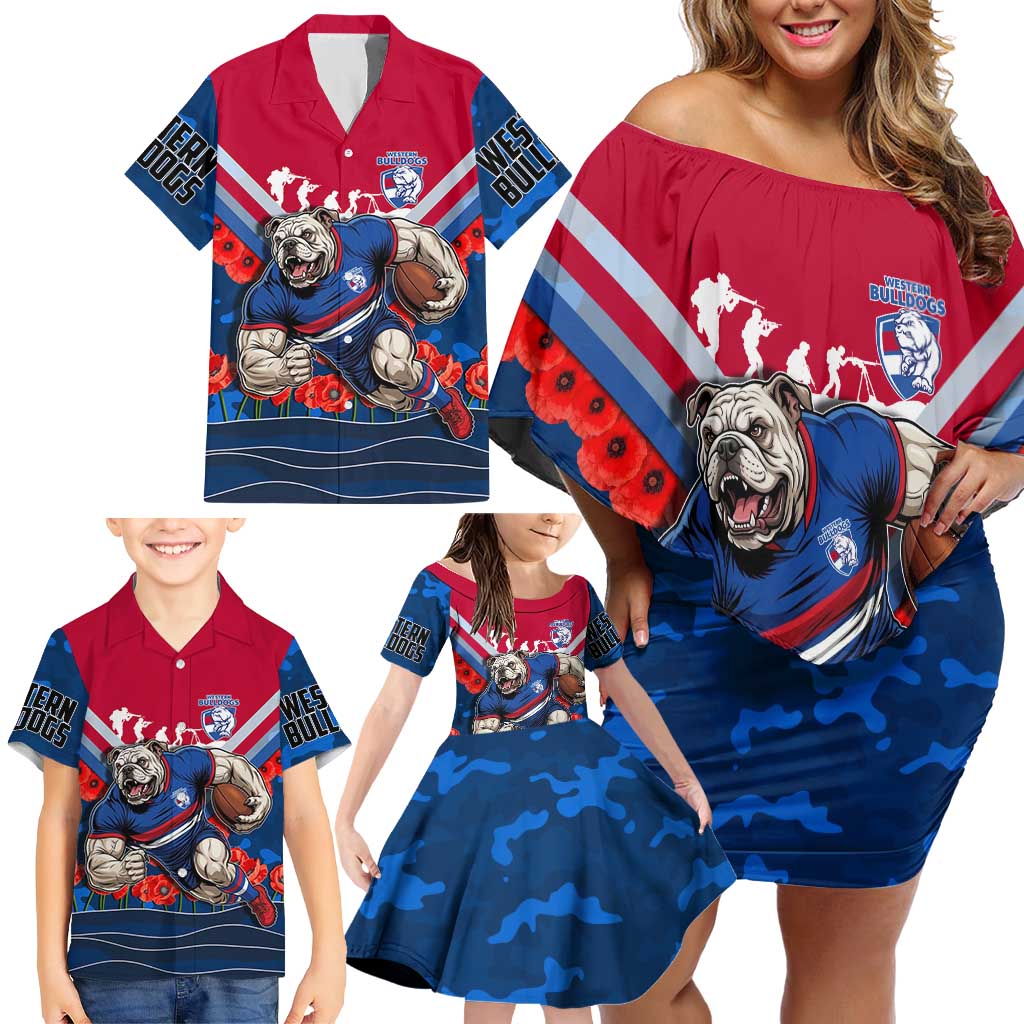 Personalised Western Bulldogs ANZAC Family Matching Off Shoulder Short Dress and Hawaiian Shirt Military Remembrance Australian Football Mascot Camouflage