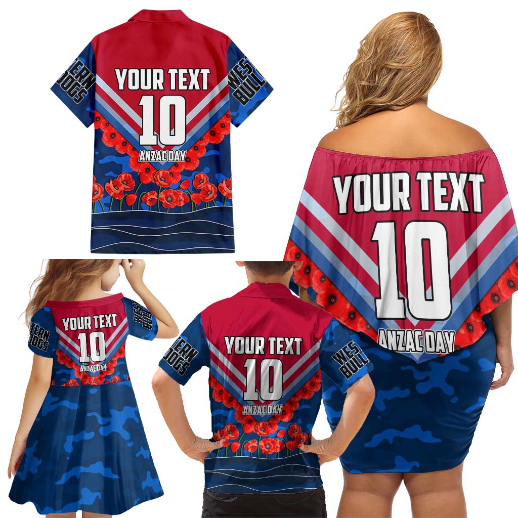 Personalised Western Bulldogs ANZAC Family Matching Off Shoulder Short Dress and Hawaiian Shirt Military Remembrance Australian Football Mascot Camouflage