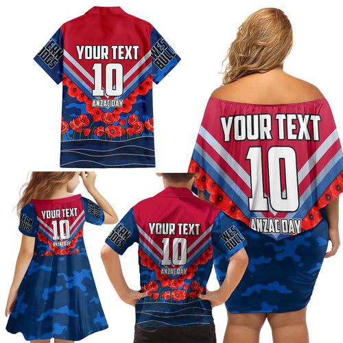 Personalised Western Bulldogs ANZAC Family Matching Off Shoulder Short Dress and Hawaiian Shirt Military Remembrance Australian Football Mascot Camouflage